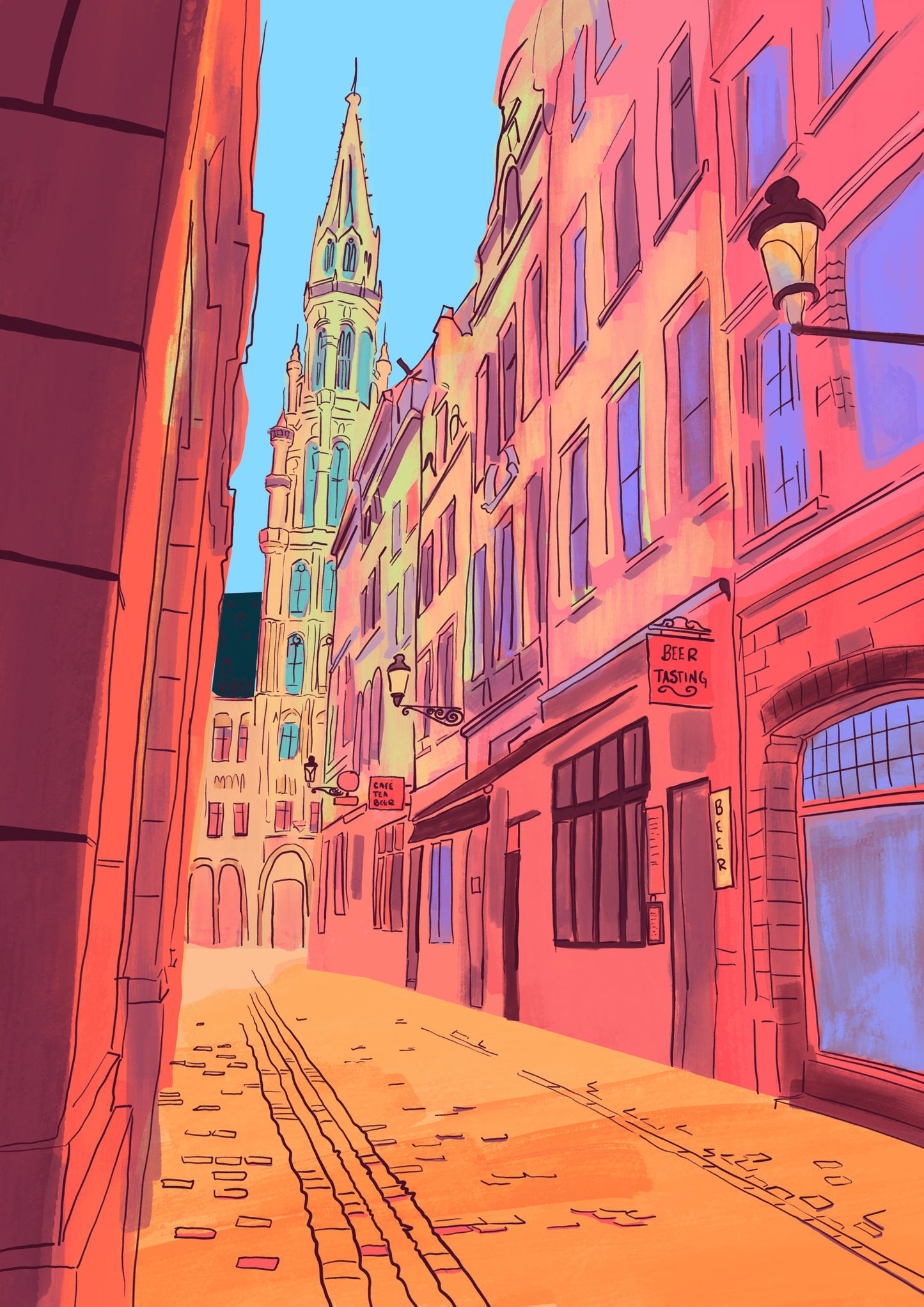 colorful Brussels street illustration with warm sunlight and historic buildings leading toward Grand Place vibrant European city wall art print