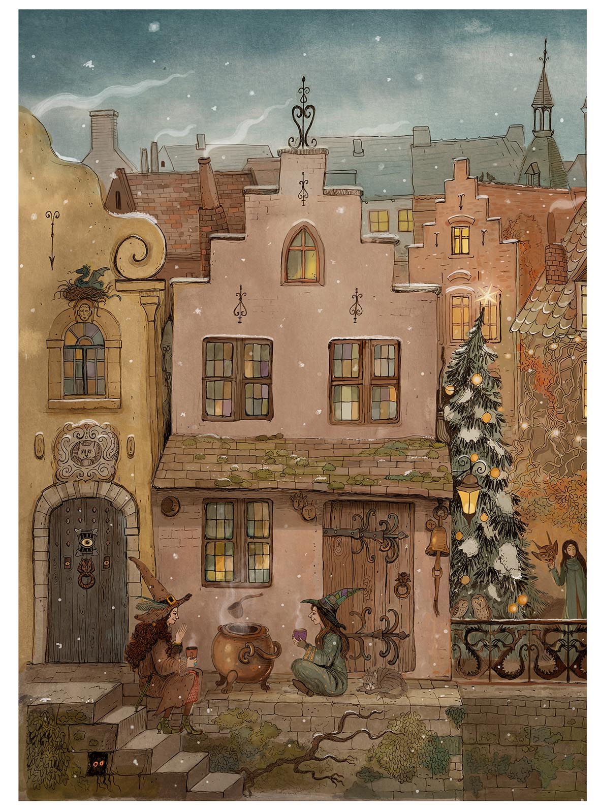 “The Potion” by Lena Yampolski – A4 fantasy art print of two witches sharing a drink in a snowy medieval village, with cozy lights, a decorated tree, and whimsical architecture. Folklore-inspired giclée print made in Belgium.