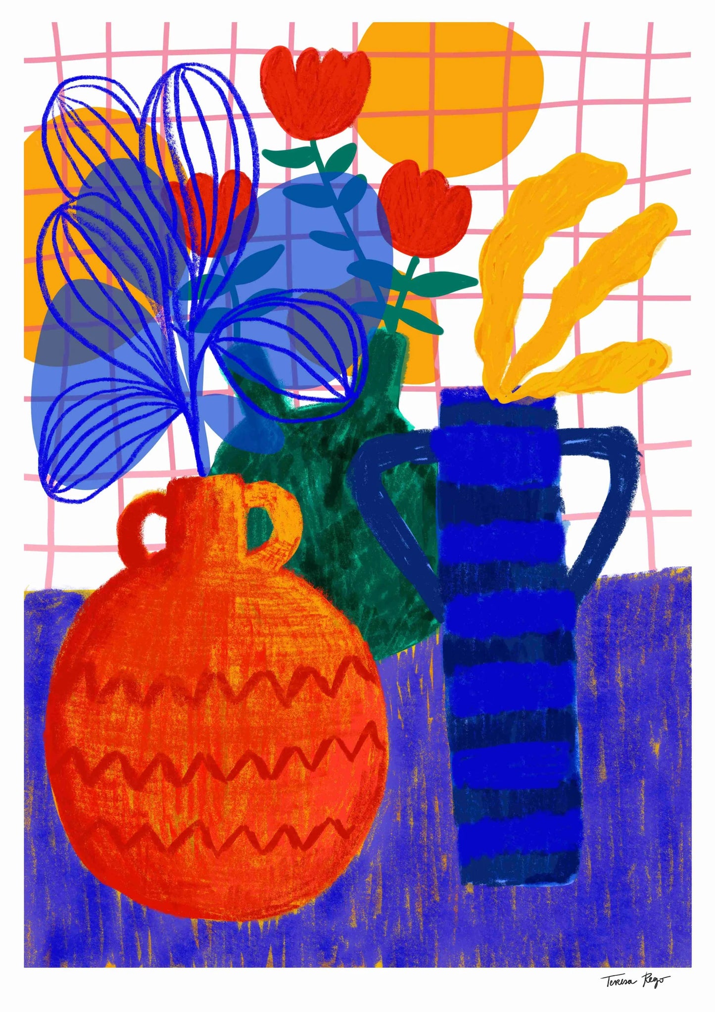Vibrant still life illustration of colorful vases with abstract flowers and bold textures, featuring warm oranges, reds, and blues – Oranges Pot by Teresa Rego, A3 art print.