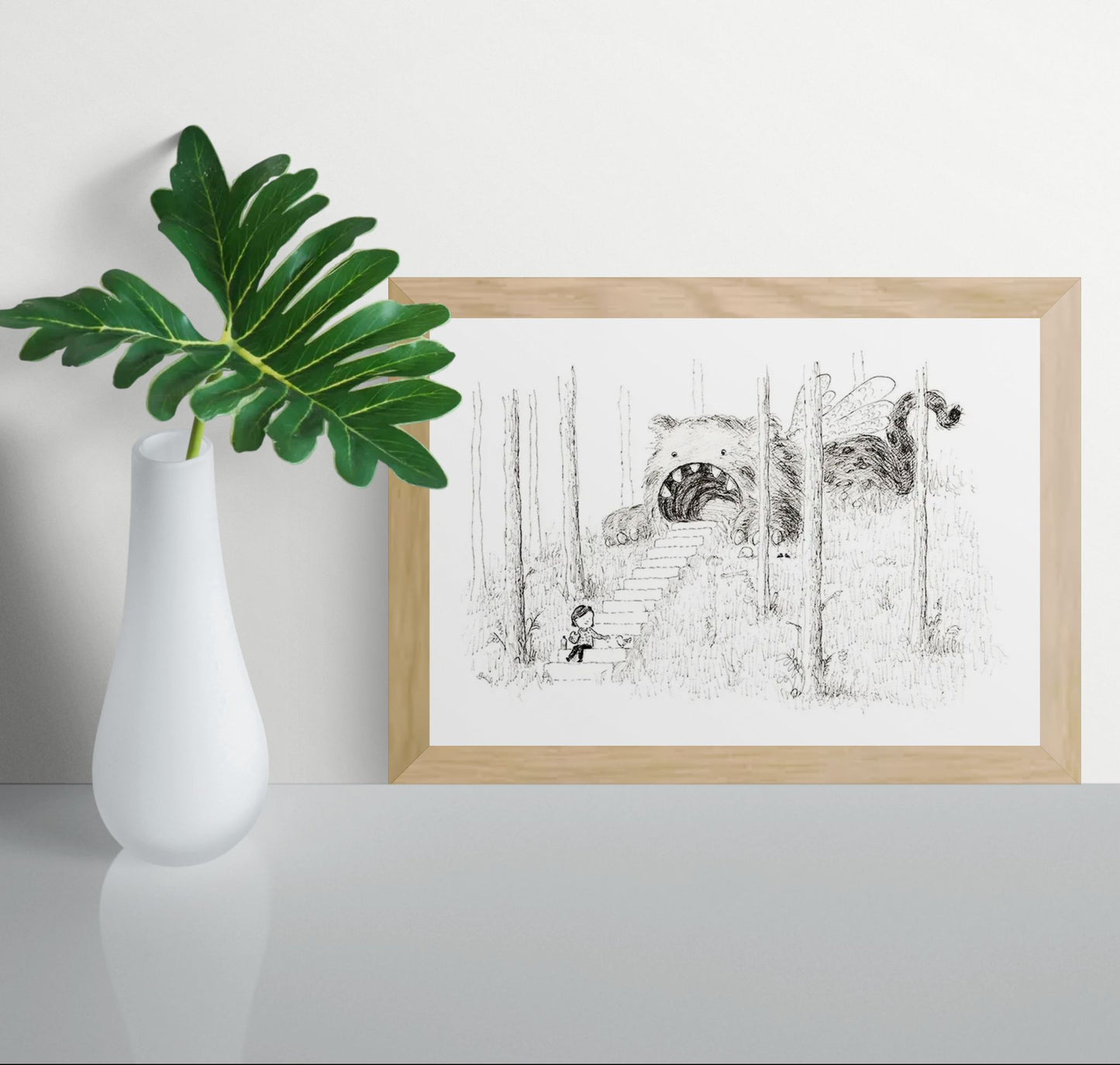Black and white surreal illustration by Willy Leung showing a child sitting on forest stairs leading into the mouth of a giant furry creature, printed as an A4 giclée art print on Hahnemühle paper.