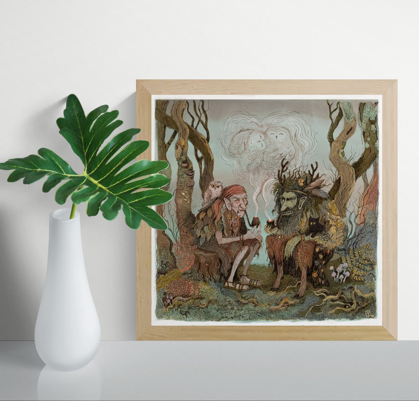 Square giclée print of two folklore forest beings smoking pipes beneath owl-shaped smoke, drawn in muted green, brown and dusty pink tones; detailed storybook wall art for a living room, study or reading nook.