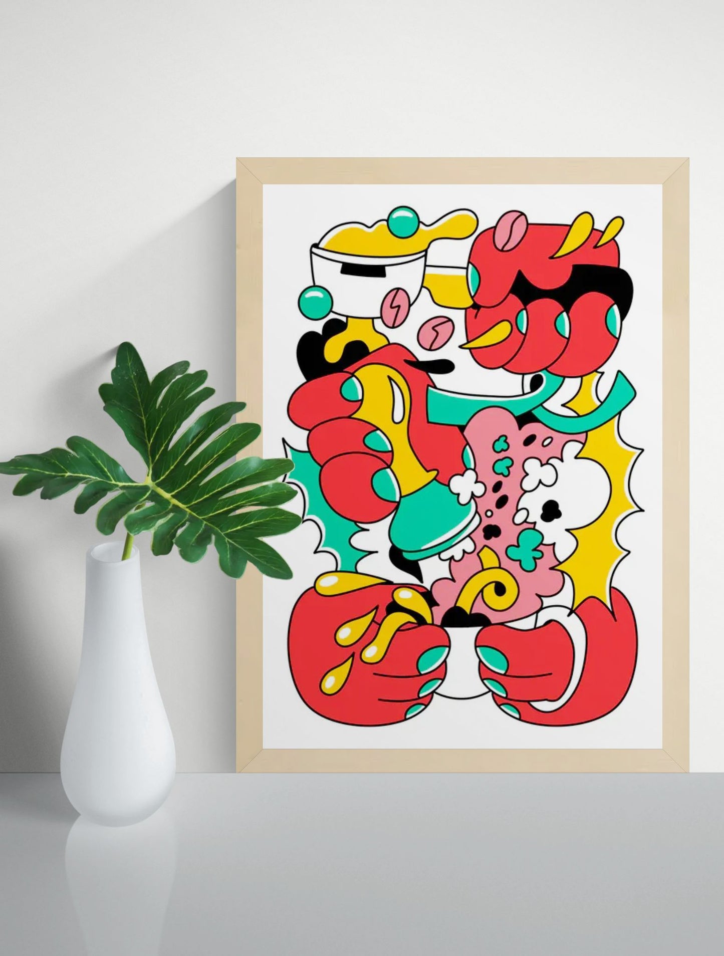 Vibrant risograph illustration “Stamp Stamp” by Auwnanas, featuring bold red, yellow, green, and pink abstract shapes with dynamic movement and playful cartoon energy. Limited edition A3 art print perfect for modern interiors, design lovers, and collectors of colourful contemporary wall art.