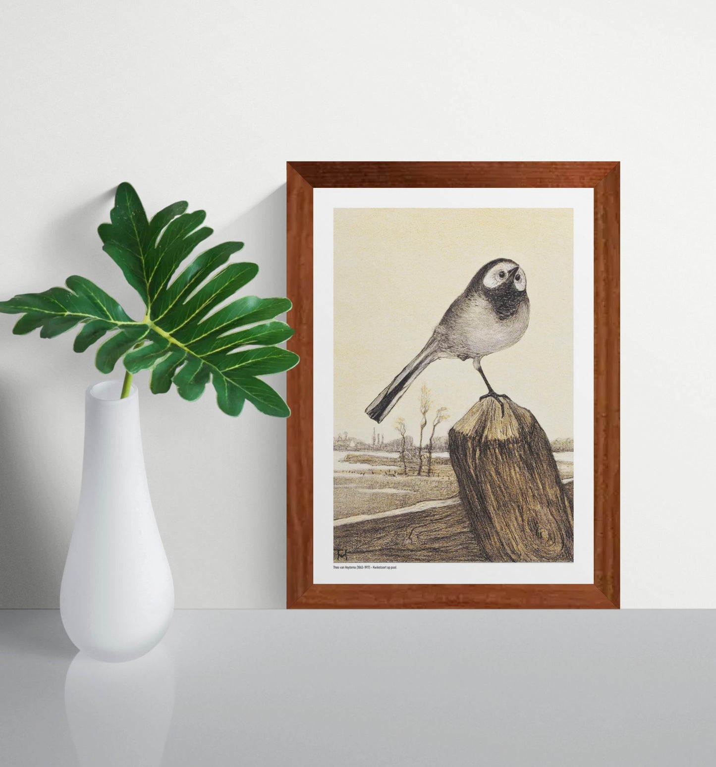 Vintage vertical digital art print of a wagtail perched on a wooden post above a quiet rural landscape, illustrated in warm cream, brown and black tones, ideal as nature-inspired wall art.