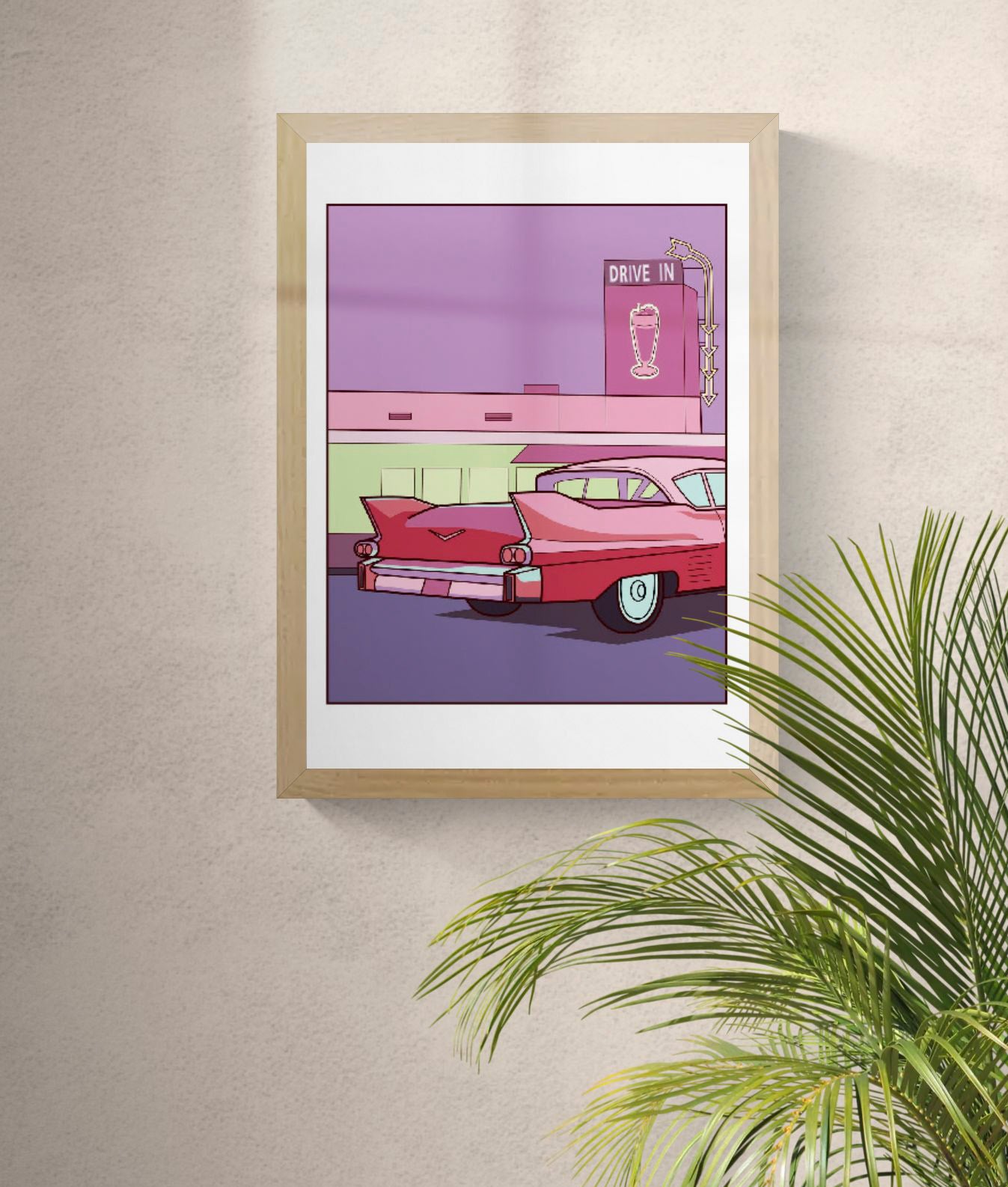 Retro Americana A3 art print by Floor 4 Productions featuring a pink vintage car in front of a neon drive-in diner with purple and pink tones.