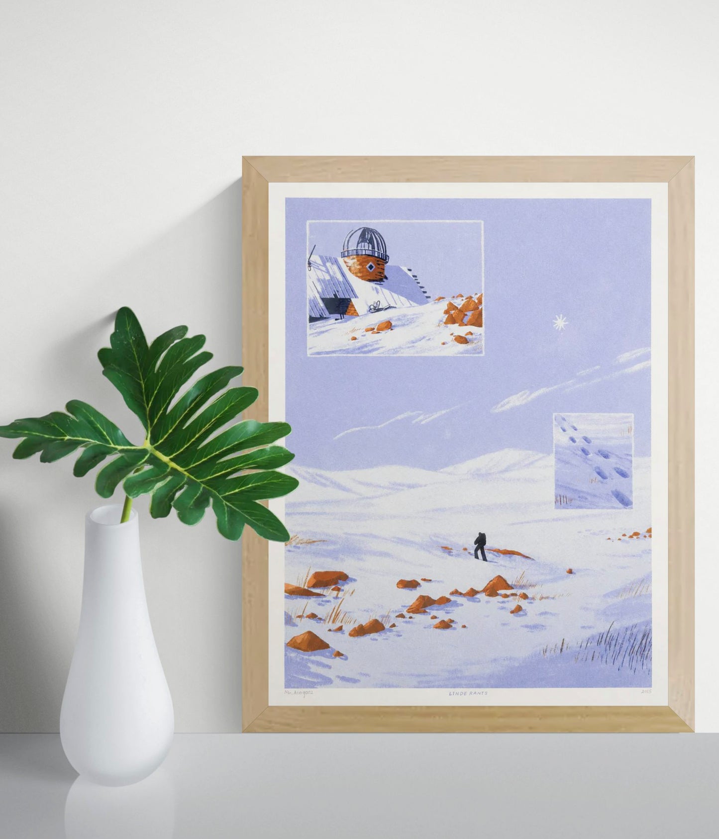 Mt Aragats by Linde Raats, a vertical giclée print showing a lone traveller in a snowy blue mountain landscape with orange rocks and an observatory, ideal as peaceful wall art for a living room or office.