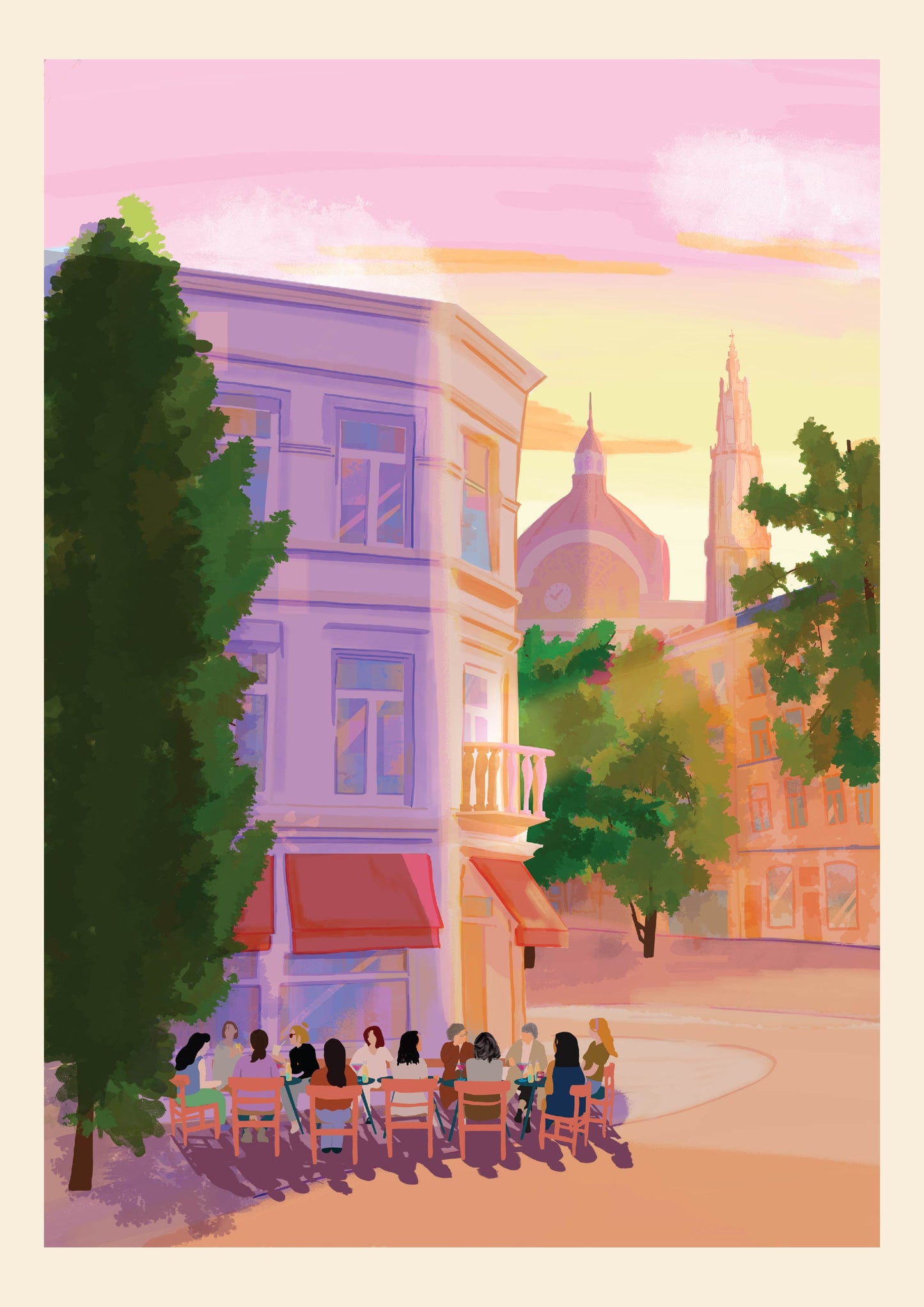 Digital A4 art print titled Terrasjes in Antwerpen by Valeria Maggiani, showing people enjoying a terrace in Antwerp at sunset with pink skies and cathedral in the background. Printed in Belgium under the artist’s supervision. Ideal for urban and travel-inspired home decor.