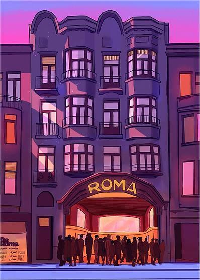 Digital art print of De Roma concert hall in Antwerp by Valeria Maggiani, purple and pink evening scene with silhouetted people, A4 format, printed in Belgium, perfect gift for Antwerp and music lovers.