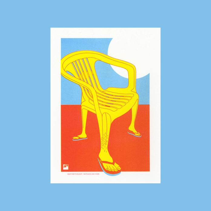 Bold risograph print of a yellow plastic chair with human legs in flip-flops against a red and blue background – No Place like Home by VrijFormaat, A4 art print from the Seat for Thought series.