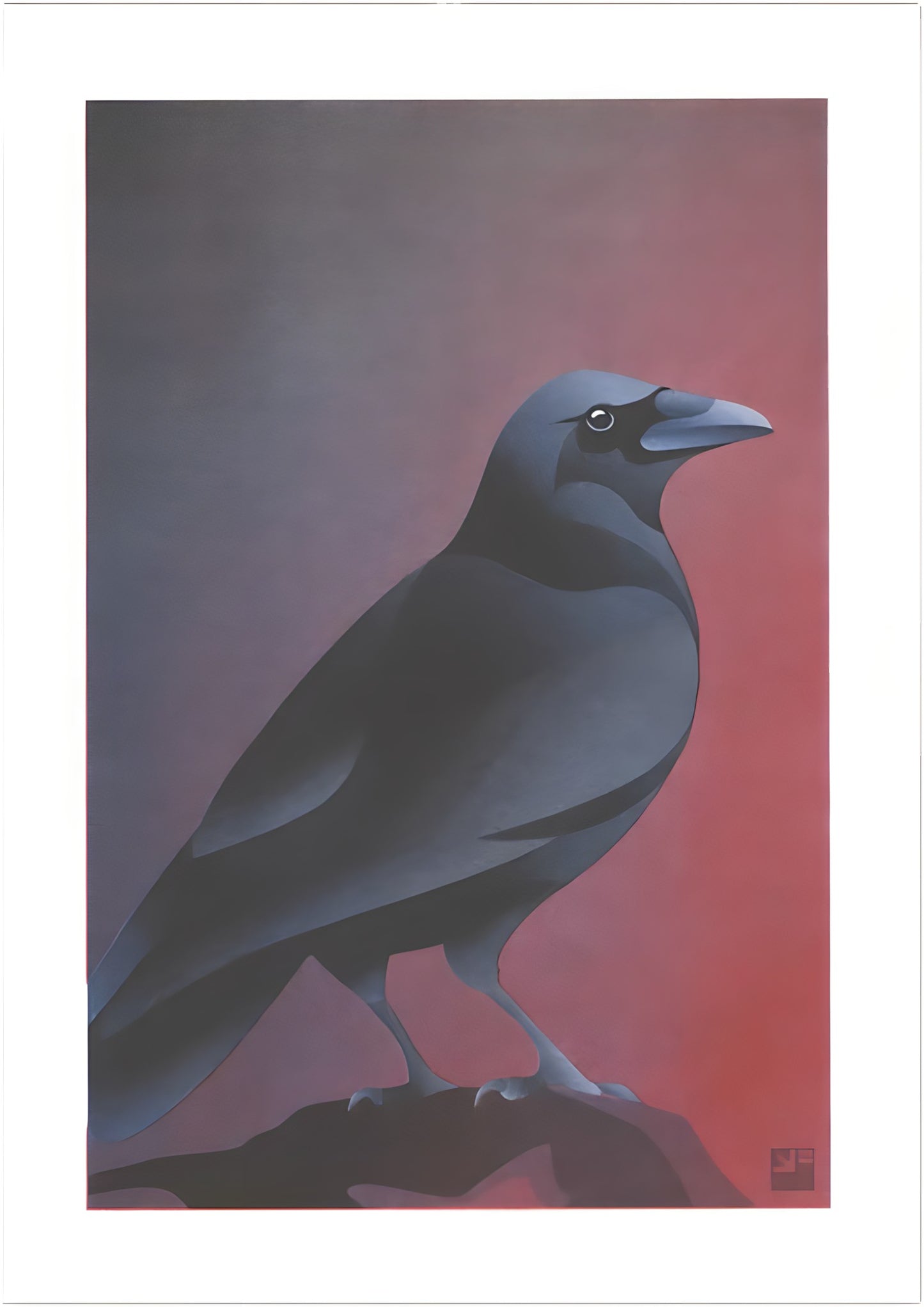 Atmospheric crow art print by Vrijformaat, featuring a sleek black crow against a moody gradient background of red and violet hues. A minimalist and elegant illustration perfect for modern interiors and bird lovers. Available at Galerie Frits
