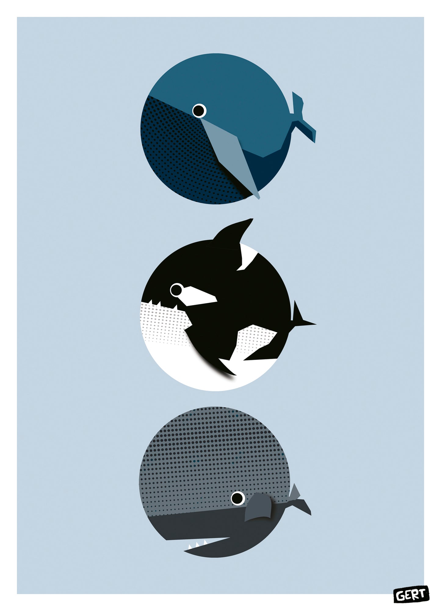 Whales by Gert Paenen, minimalist whale art print featuring three geometric whales in blue, black and grey tones on a soft blue background, contemporary marine life wall art for modern home decor.