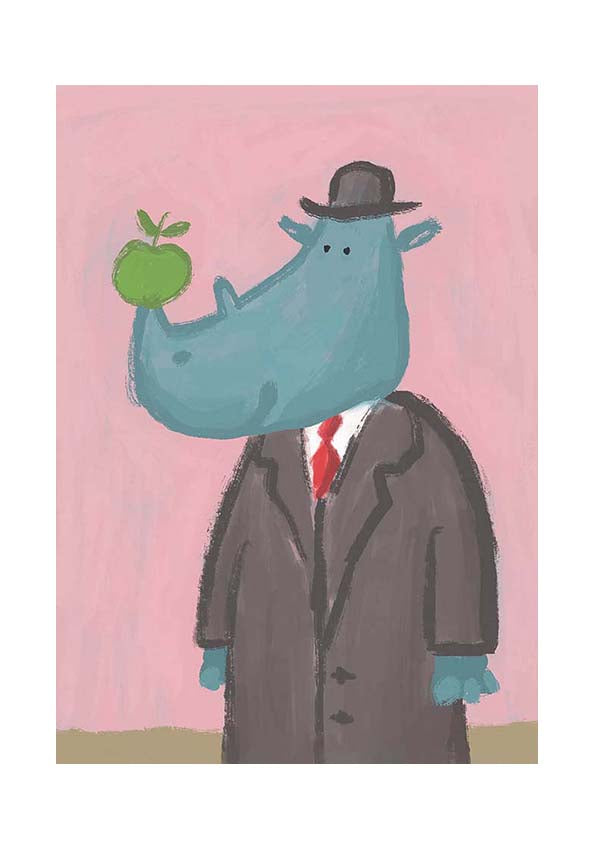 Giclée art print by Belgian illustrator Willy Leung featuring a whimsical blue rhino in a bowler hat and suit with a green apple on its nose, printed on A4 fine art paper.