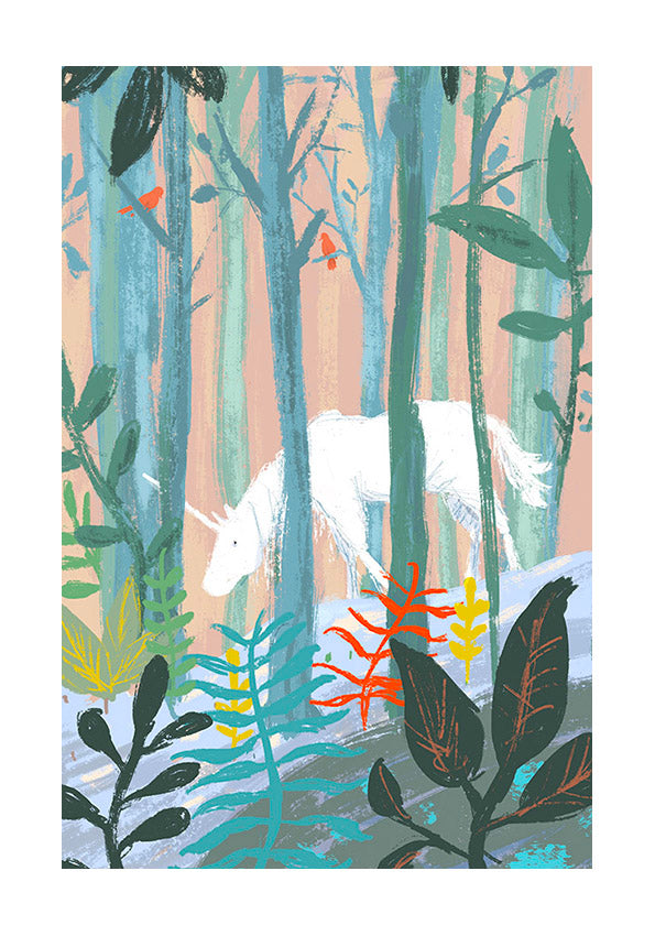 A4 art print titled Unicorn by Willy Leung, showing a white unicorn walking through a stylized forest with tall trees, colorful leaves, and soft pastel lighting. Printed with archival pigment inks on 300g Hahnemühle Photo Rag paper. A gentle and magical Giclée print made in Belgium, signed by the artist.