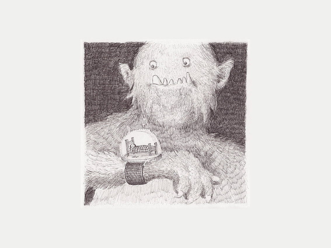 Giclée print titled “watch” by Belgian illustrator Willy Leung, featuring a pencil-drawn monster staring at a surreal snow globe wristwatch with a miniature couch inside. Printed on Hahnemühle Photo Rag.