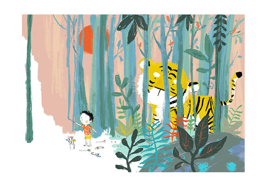 Child standing in a pastel forest facing a large yellow tiger behind tall trees, illustrated by Willy Leung in a soft poetic style with teal foliage and dreamlike colors.