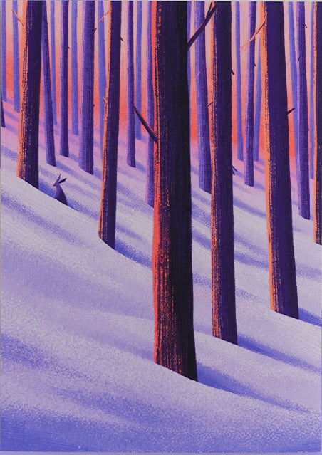 A6 Giclée print "Winter Woods" by Linde Raats, featuring a snowy forest scene with tall vertical trees in purple-orange tones and a small hare peeking from behind, printed on fine art paper.