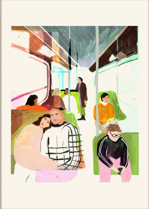 30 x 40 cm digital print titled Traffic by German illustration duo Wünsch & Stömer. Depicts passengers in a softly lit train interior, painted with expressive strokes and muted tones. Printed on 250g paper in Germany. Perfect for art lovers drawn to quiet, emotional storytelling.