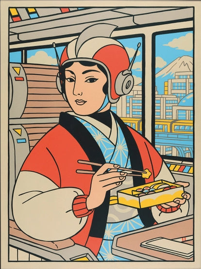 Retro-futurist illustration of a Japanese woman eating lunch on a train, created by Yeaaah! Studio, with Mount Fuji and cityscape in the background – bold graphic print in red, blue, and beige tones.