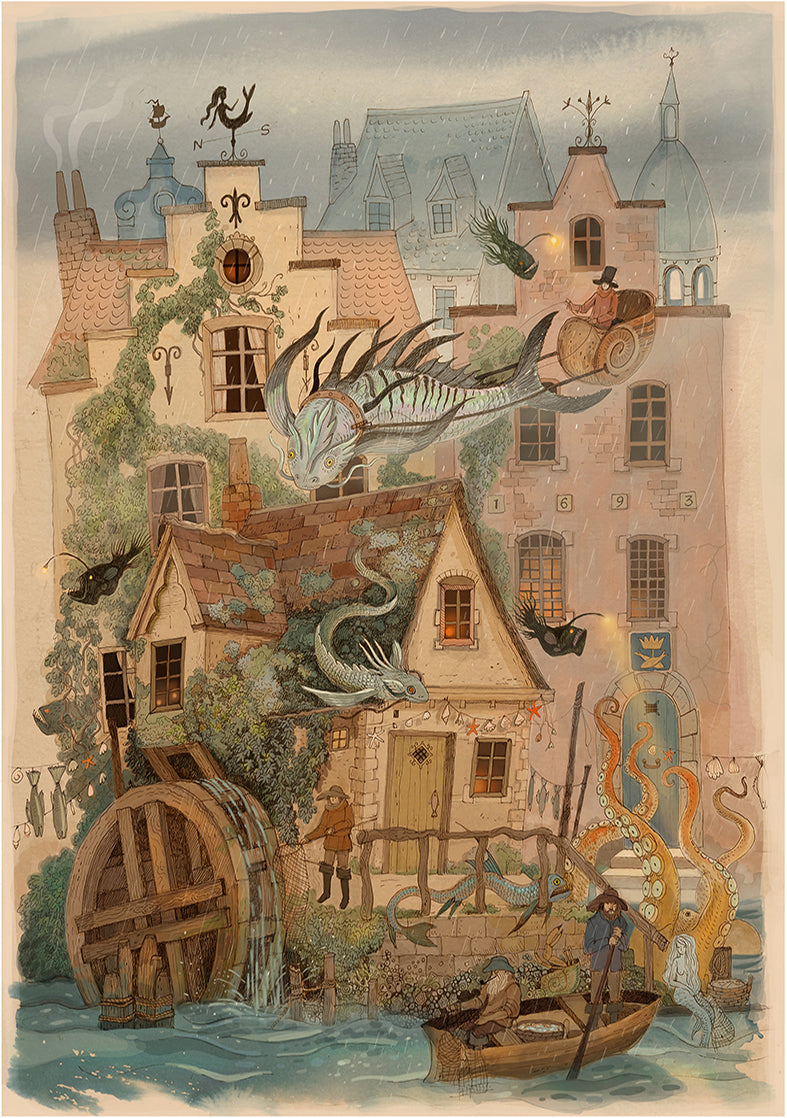 Fantasy-style illustration of Bruges by Lena Yampolski with magical creatures, dragons, octopus tentacles and charming Belgian houses – high-quality Giclée print available in A4 and A3, perfect wall decor for folklore and fantasy art lovers.