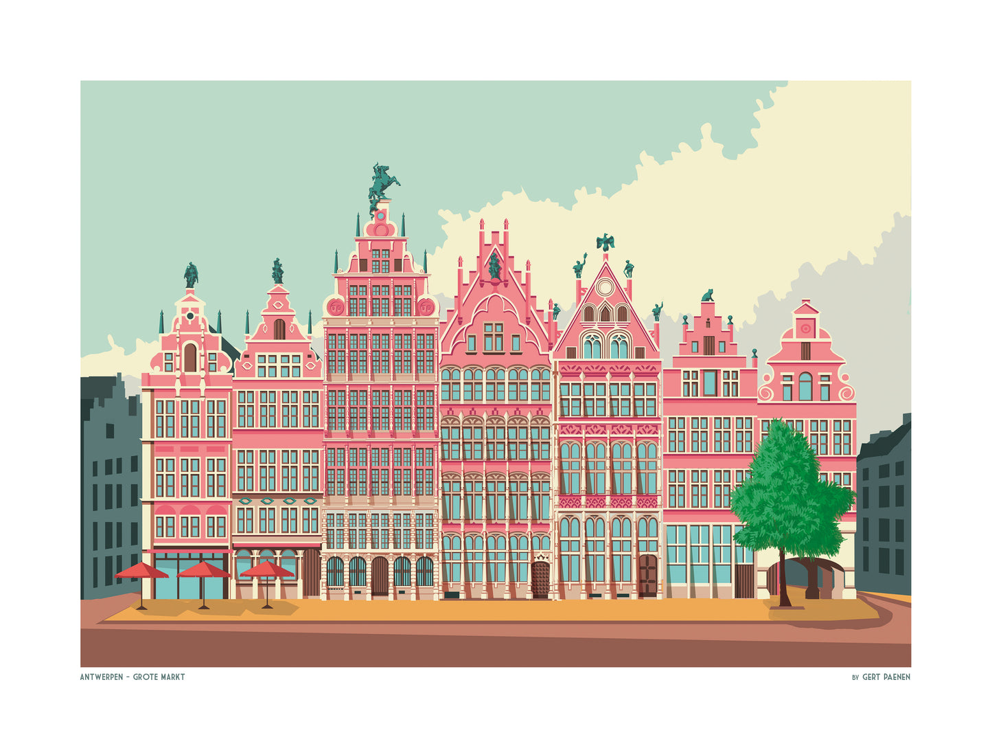 Grote Markt Antwerp illustration with historic guild houses in a colorful graphic style, architectural art print by Studio Frits