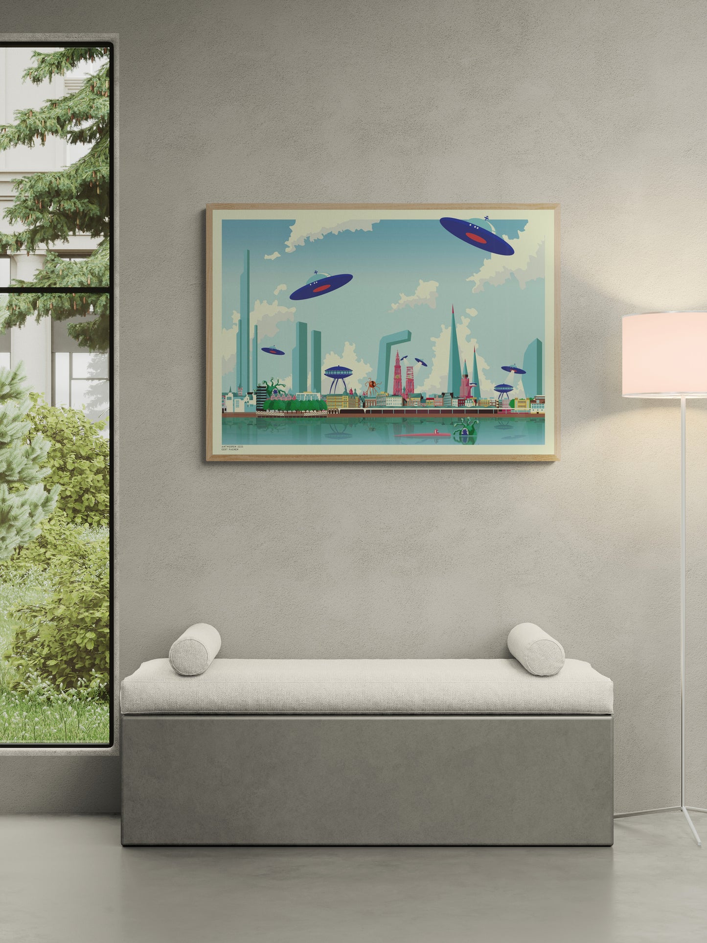 Futuristic illustration of Antwerp 2225 by Belgian artist Gert Paenen (Studio Frits), showing a colorful sci-fi city skyline with UFOs, sea monsters, and futuristic skyscrapers reflected in the Scheldt River – digital art print 50x70 cm available at Galerie Frits.