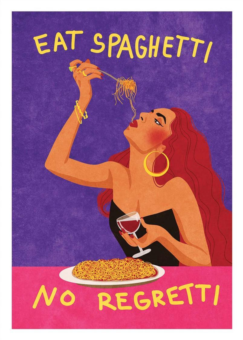 Colorful pop art poster by Raissa Oltmanns showing a glamorous woman with red hair eating spaghetti and holding a glass of wine, with the phrase “Eat Spaghetti No Regretti” in bold yellow letters on a purple and pink background. Perfect kitchen wall art with Italian humor and retro style.