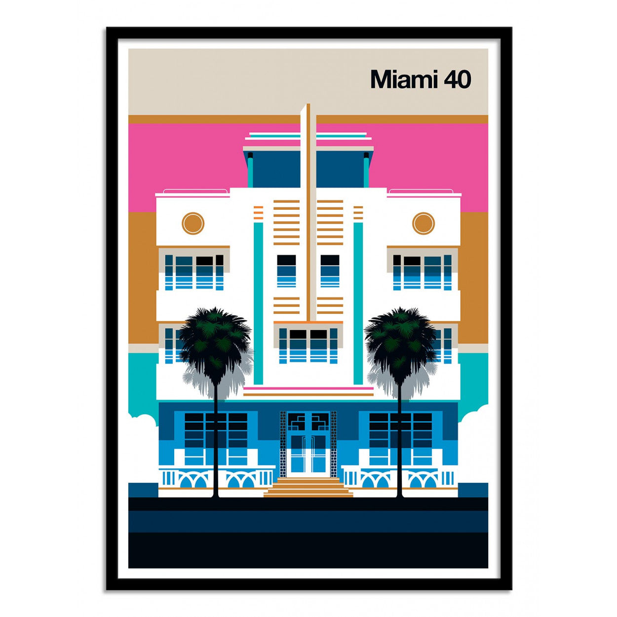 Miami 40 by Bo Lundberg – 30x40 cm retro art print inspired by Miami’s Art Deco architecture. Bold vector illustration in pink, blue, and gold tones with palm trees, capturing vintage glamour and modern minimalism.