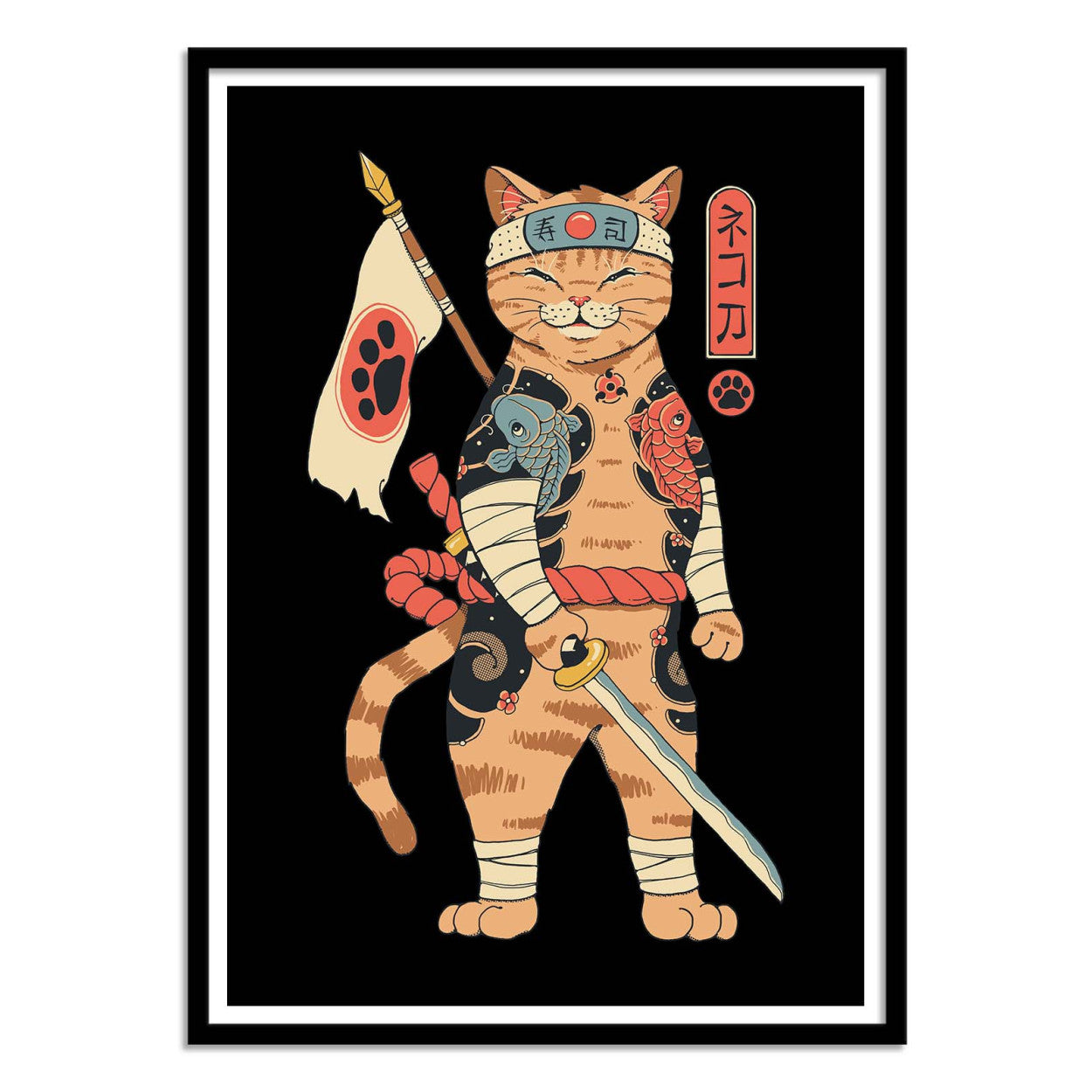 Neko Shogun by Vincent Trinidad – 30x40 cm art print of a samurai warrior cat with koi tattoos, Japanese flag, and sword. Bold, colorful pop culture artwork for modern wall decor and anime-inspired interiors.