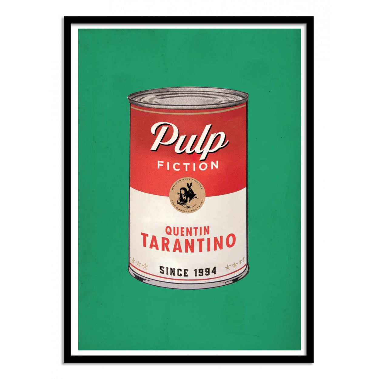 Pulp Fiction by David Redon – 30x40 cm retro pop art poster featuring a vintage tin can design labeled Quentin Tarantino, with Mia Wallace illustration. Bold green background, perfect wall art for film lovers and pop culture fans.