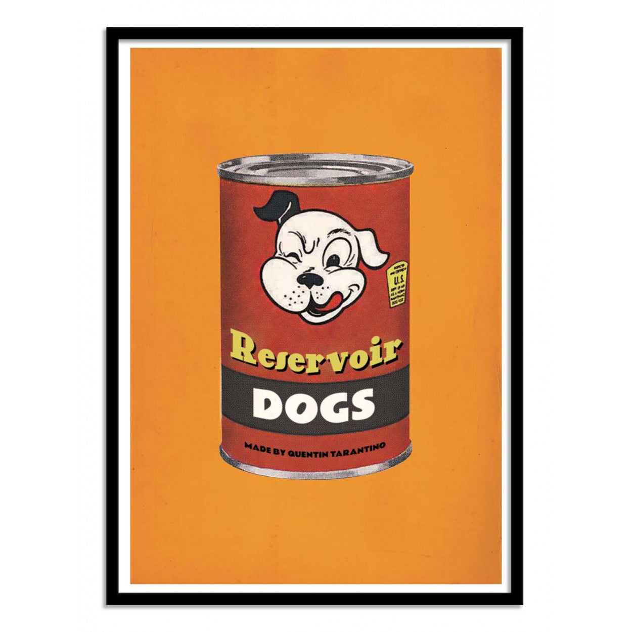Reservoir Dogs by David Redon – 30x40 cm retro pop art print featuring a vintage-style food can design inspired by Quentin Tarantino’s cult film. Bright orange background, playful Warhol-inspired aesthetic, perfect cinema wall art for movie fans and collectors.