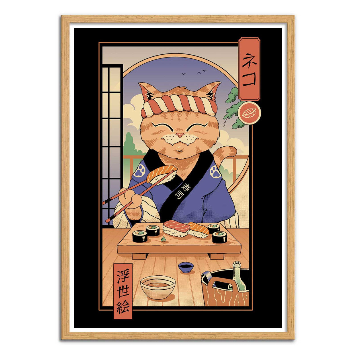 Sushi Cat in Edo by Vincent Trinidad – 30x40 cm Japanese pop art print of a smiling cat sushi chef in traditional Edo attire, preparing nigiri and sushi rolls with chopsticks, playful wall decor for Japanese culture and food lovers.