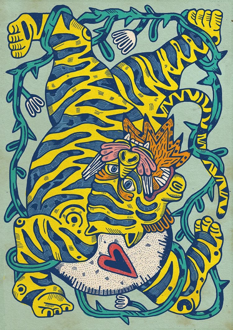 Fiera by Asis Percales – A3 art print of a yellow tiger entangled in jungle vines, bold tattoo-style lines, Mediterranean folk-inspired surreal illustration.