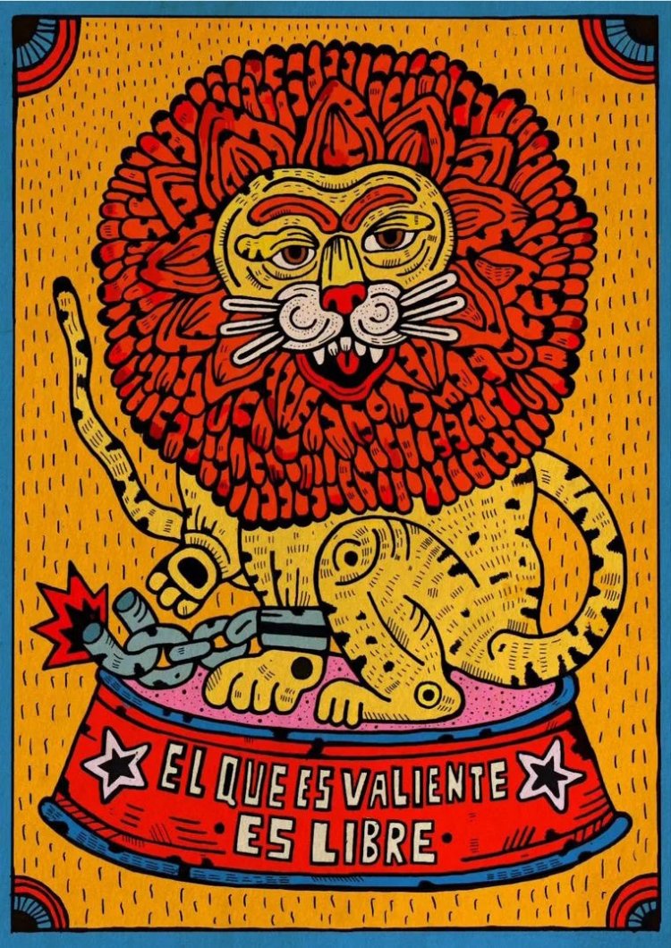 A3 art print titled Valentia by Spanish illustrator Asis Percales, featuring a cartoon-style lion with exaggerated red mane breaking a chain, sitting on a circus pedestal that reads "El que es valiente es libre" in bold red and yellow colors. Tattoo-inspired, eccentric, and full of symbolic energy. Made in Spain on 250g paper.