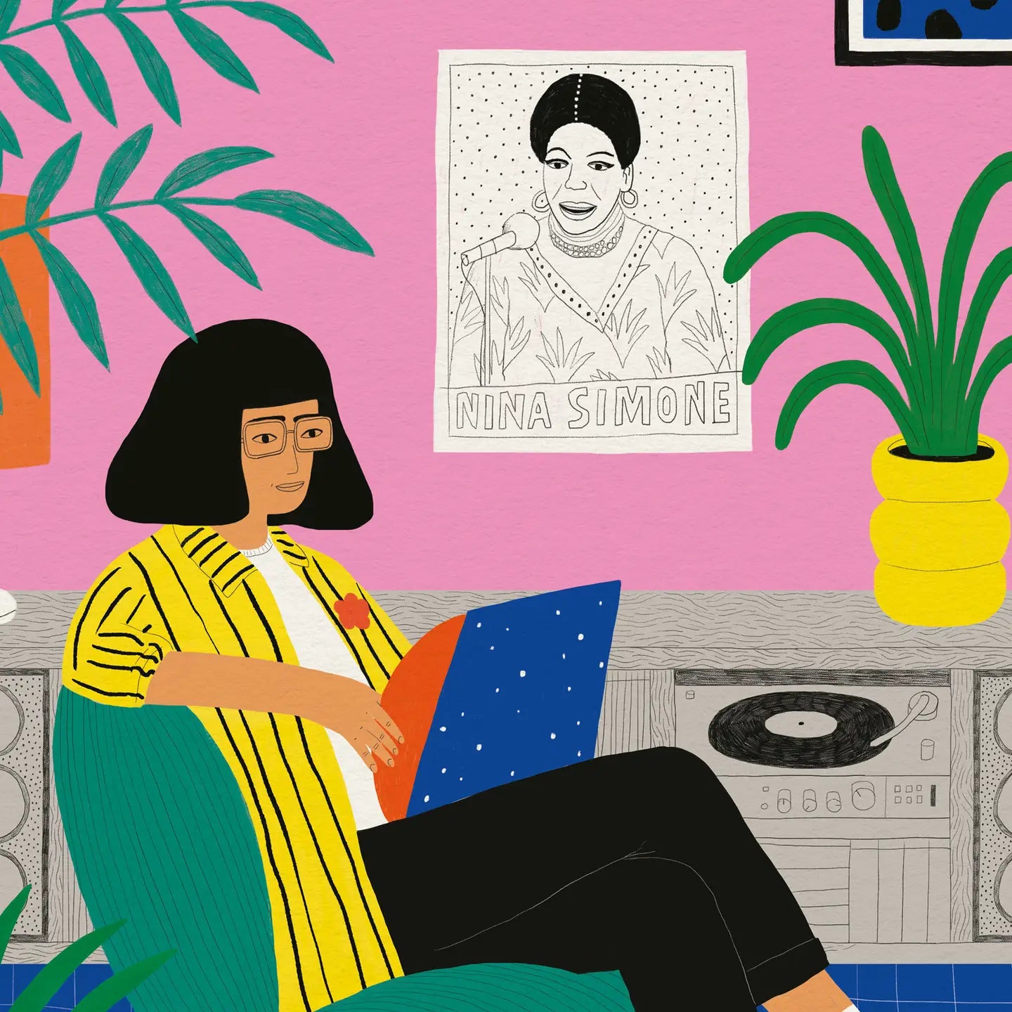 Illustration of a woman relaxing in a colorful living room with a Nina Simone poster, vinyl player, and Dalmatian dog wearing sunglasses; vibrant and playful art by Dans les Dents.
