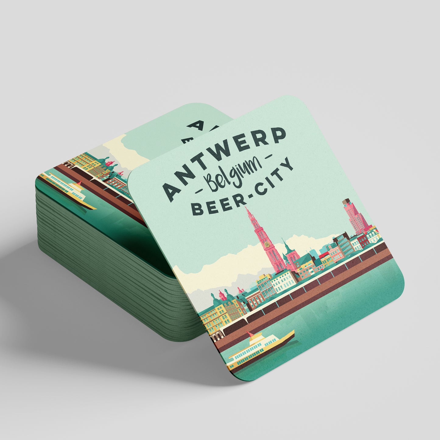 Set of 4 illustrated beer coasters by Studio Frits – ‘Antwerp Belgium Beer City’ design featuring iconic landmarks like Het Steen, Cathedral, Central Station, and Grote Markt in vibrant retro style.