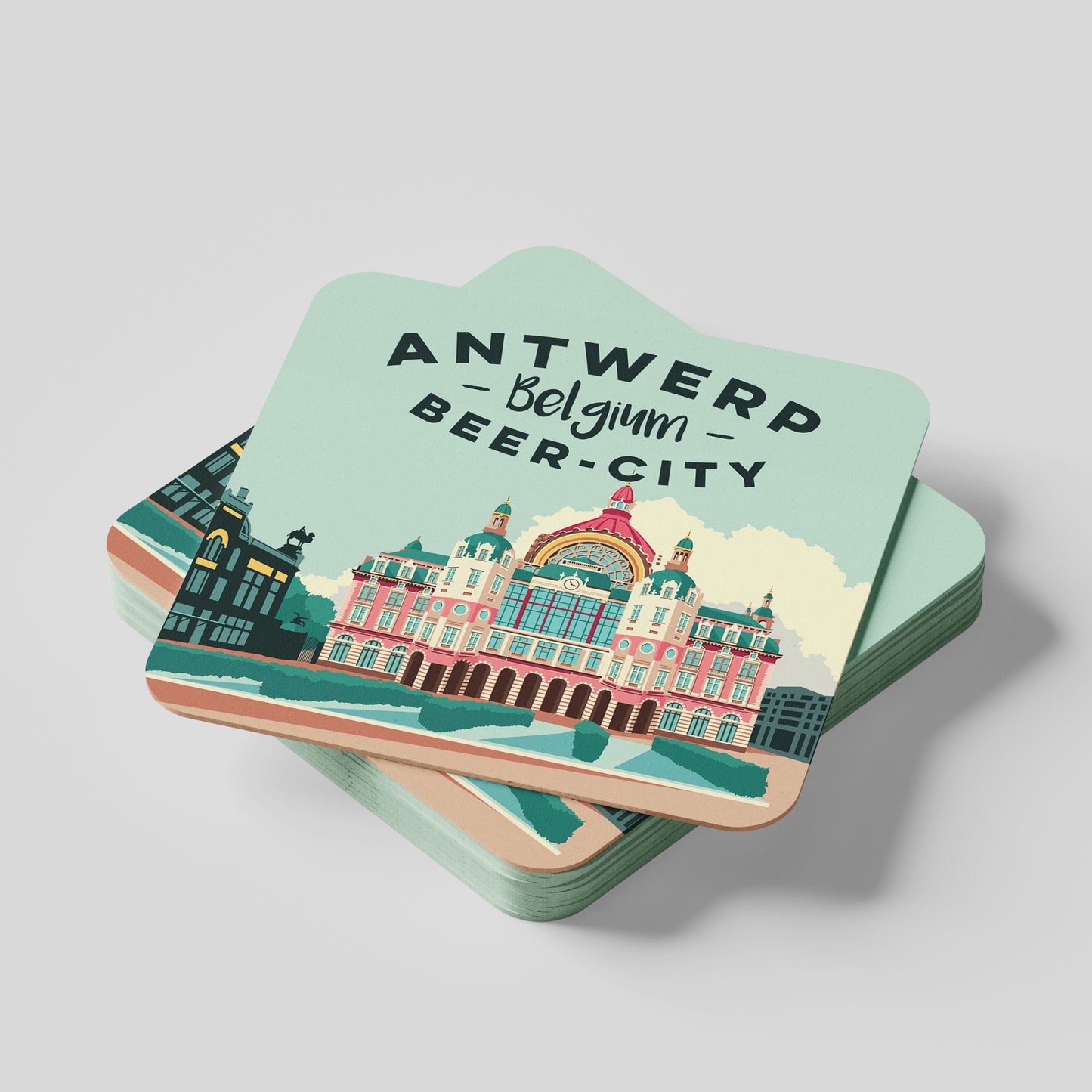 Set of 4 illustrated beer coasters by Studio Frits – ‘Antwerp Belgium Beer City’ design featuring iconic landmarks like Het Steen, Cathedral, Central Station, and Grote Markt in vibrant retro style.
