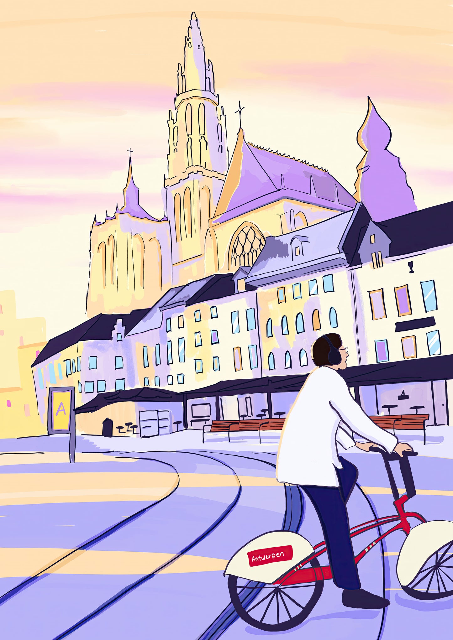 A4 Fine Art Giclée print “Bike Rides and a Little Sun” by Valeria Maggiani featuring Antwerp Cathedral and a rider on the official Antwerp Velo bike at sunset, contemporary European city illustration printed on 100% cotton 310 gsm textured paper with archival pigment inks.