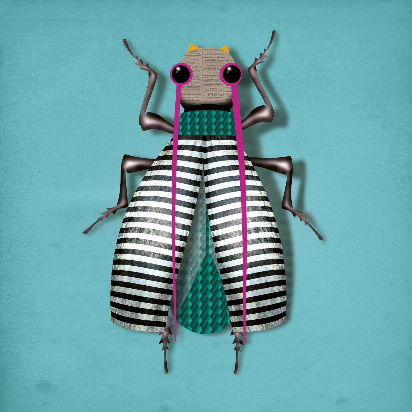 Square art print “Carmen In-Secto” by Studio Frits, colorful insect illustration with graphic stripes and pink accents, modern wall art for contemporary home decor.