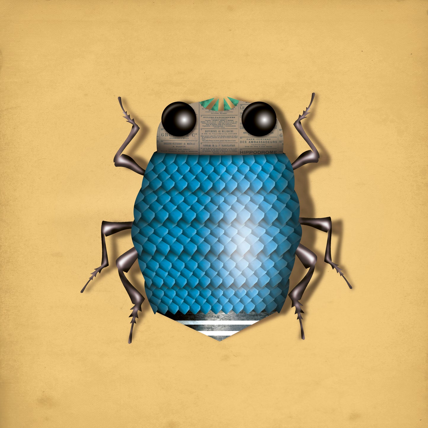 Graphic beetle illustration Magnus Tor by Studio Frits featuring a stylized blue insect with textured shell and geometric design on a minimal background.