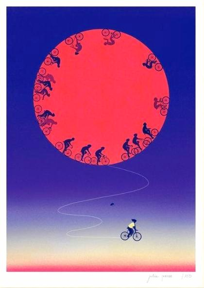 Limited edition A3 risograph print titled The Free Rider by Julie Pernet, featuring cyclists circling a bold red sun on a deep blue gradient background, printed in four colours on Munken Print White 150 g/m² paper, signed and numbered contemporary illustration made in Belgium.