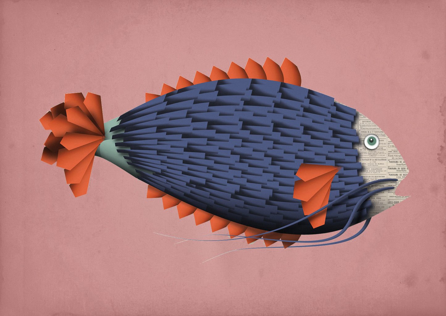 "Emile le Poisson" art print by Studio Frits – whimsical illustration of a stylized fish with a newspaper-textured face, vibrant orange fins, and deep blue scales on a pink background, perfect for eclectic wall art collectors and marine-themed interior decor, available at Galerie Frits