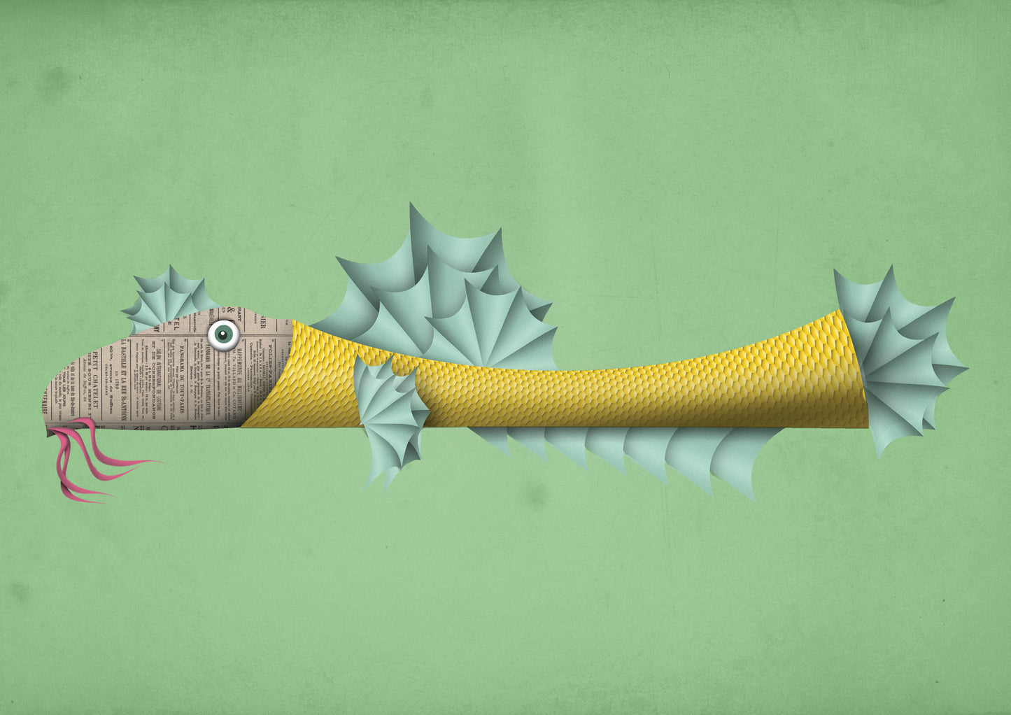 Whimsical illustration of a yellow fish with a newspaper-textured face and spiky blue fins on a green background – Fishy Frank art print by Studio Frits, perfect for playful wall decor and ocean-themed interiors, available at Galerie Frits