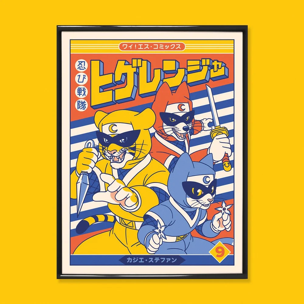 Shinobi Sentai Higeranger Vol.9 art print by Yeaaah! Studio, A4 size, inspired by Shôwa-era manga and tokusatsu series. Features three mustached ninja cats in colorful suits with Japanese text, printed on Old Mill Premium White 300g paper, digital print, unframed, made in France.