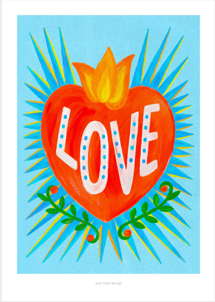 Bright Mexican folk-style illustration of a red heart with yellow flames and the word “LOVE” in white letters on a turquoise blue background, surrounded by green leaves – vibrant Giclée art print by Just Cool Design.