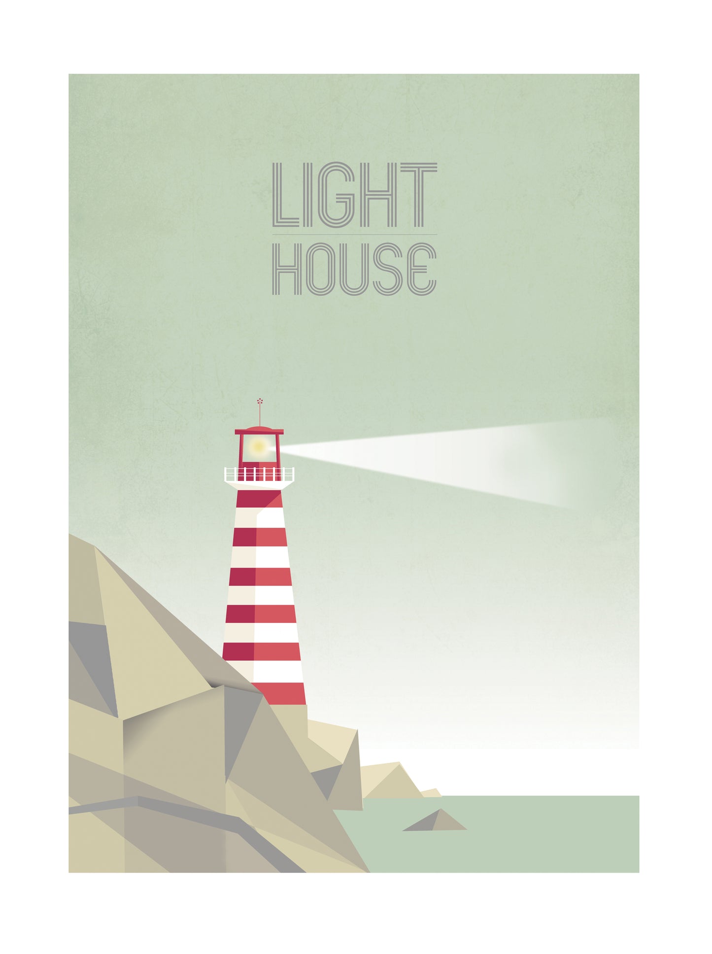 Modern lighthouse illustration art print by Studio Frits – 30x40 cm print of a red-and-white striped lighthouse on rocky cliffs with soft pastel sea and sky; minimalist geometric design, printed in Belgium.