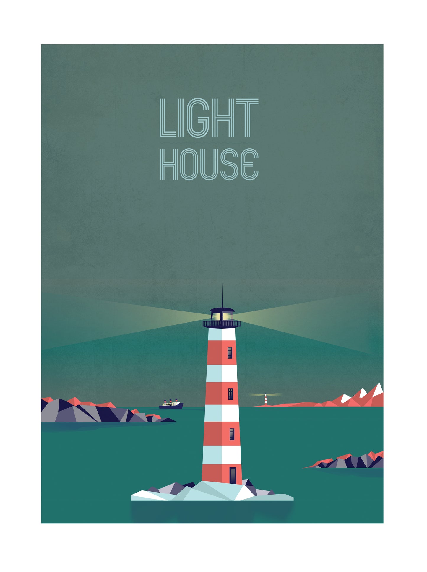 Illustration of a lighthouse at night by Studio Frits – 30x40 cm geometric art print featuring a red-and-white striped lighthouse over calm sea under a dark green sky, digitally illustrated in Belgium.