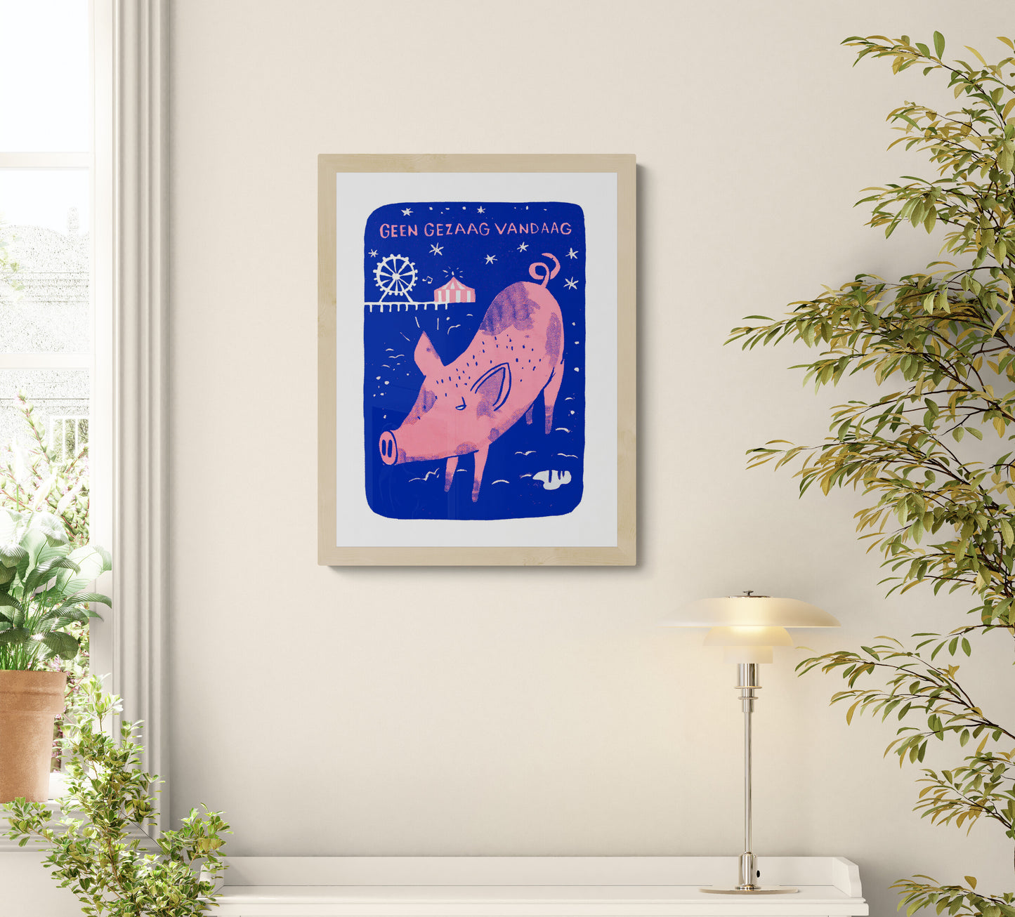 Pink pig walking at night near a small fairground in a whimsical blue landscape, humorous 2-colour screen print by Dennis Dellaert, playful limited edition wall art for modern home decor