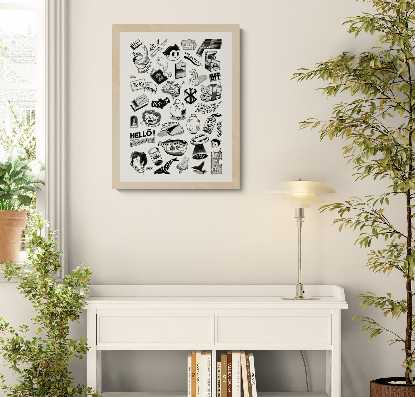 Black and white Japanese tattoo flash style illustration featuring manga characters, sushi, koi fish, Japanese text, retro icons, and pop culture symbols by Paiheme Studio wall art print