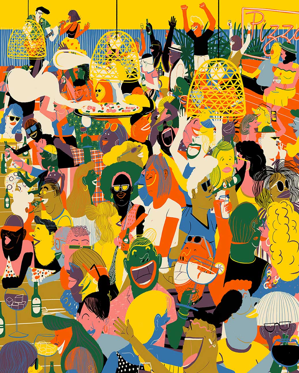 Colorful giclée print by Spanish illustrator Miguel Manich showing a packed party scene with dancing, cocktails, and neon lights, illustrated in bold graphic style with vibrant yellow, red, and green tones.