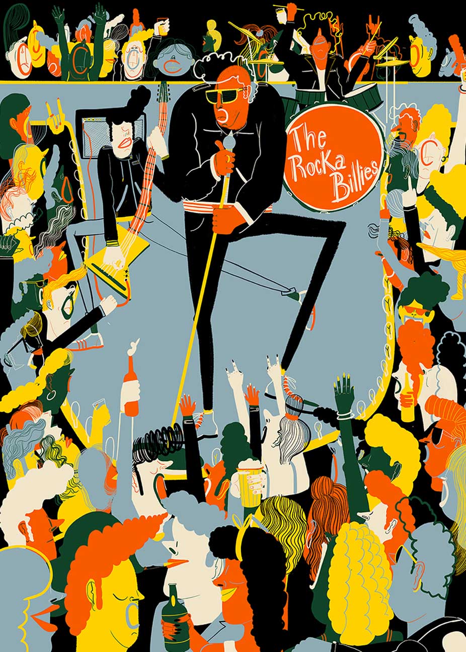 Colorful giclée print by Spanish illustrator Miguel Manich titled “The Rockabillies,” featuring an energetic rock band and a lively dancing crowd in vivid tones, 40x50 cm.