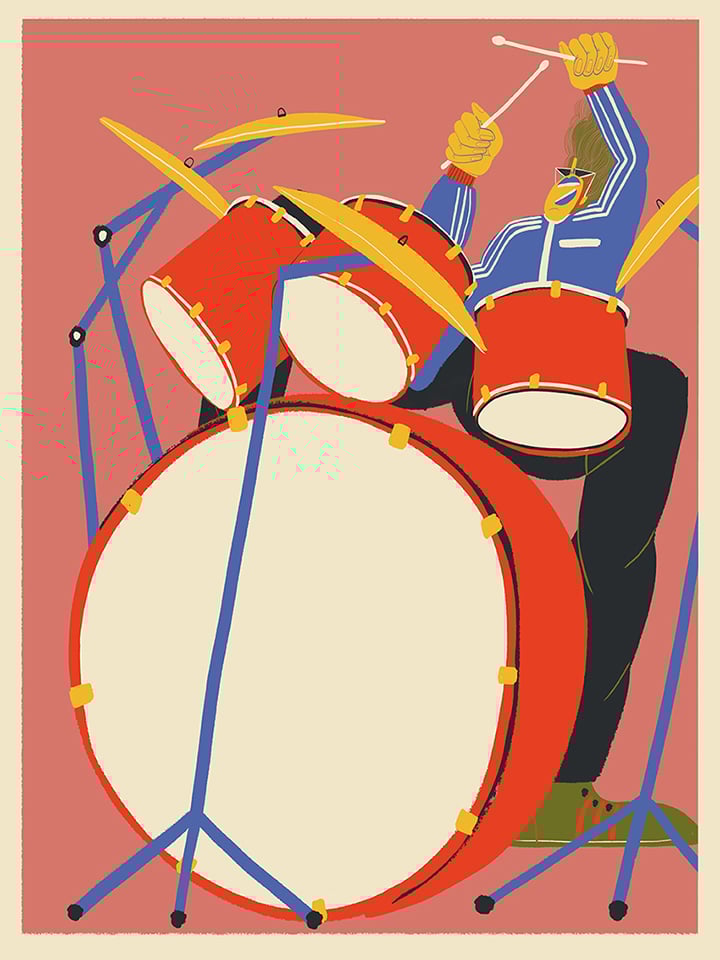 Giclée art print by Miguel Manich showing a dynamic drummer playing a vibrant red drum set, illustrated in bold colours with modern, playful lines — ideal for music lovers and creative interiors.